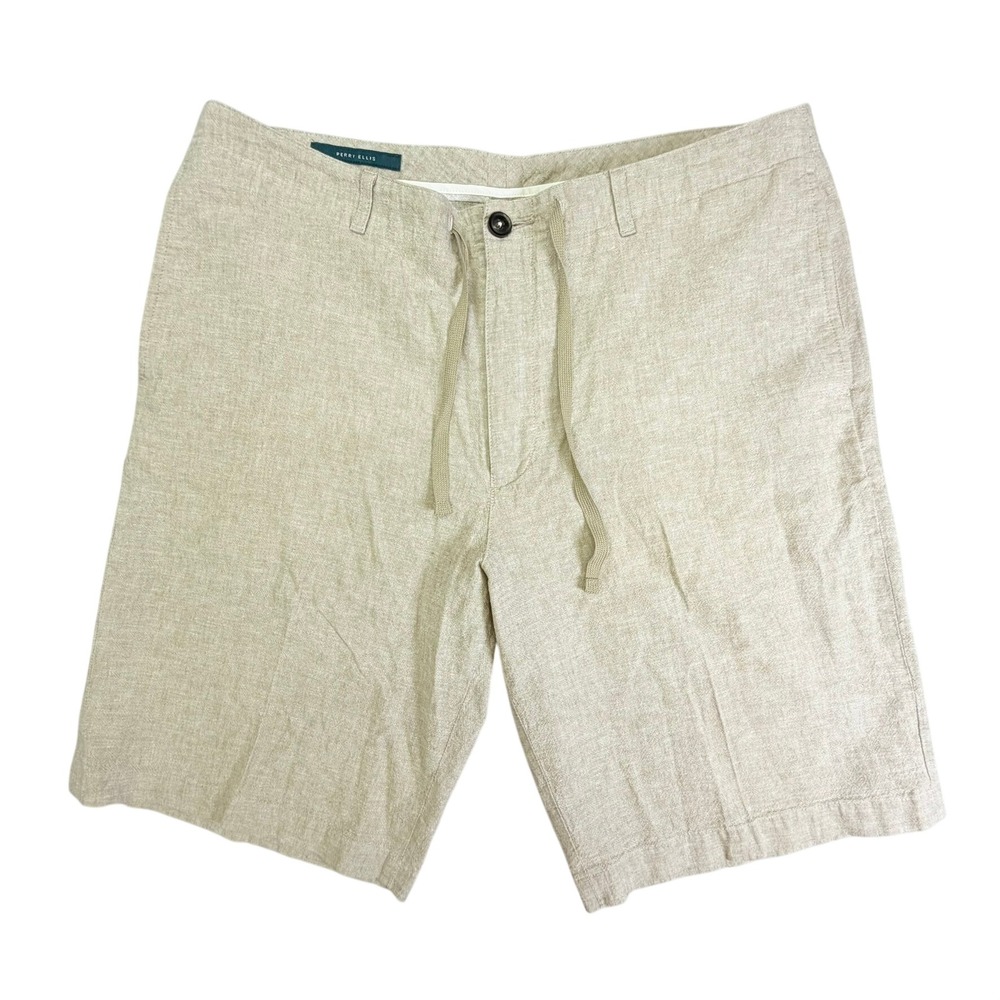Perry Ellis Linen Blend Shorts Mens 34 Beige Drawstring Flat Front Summer Casual